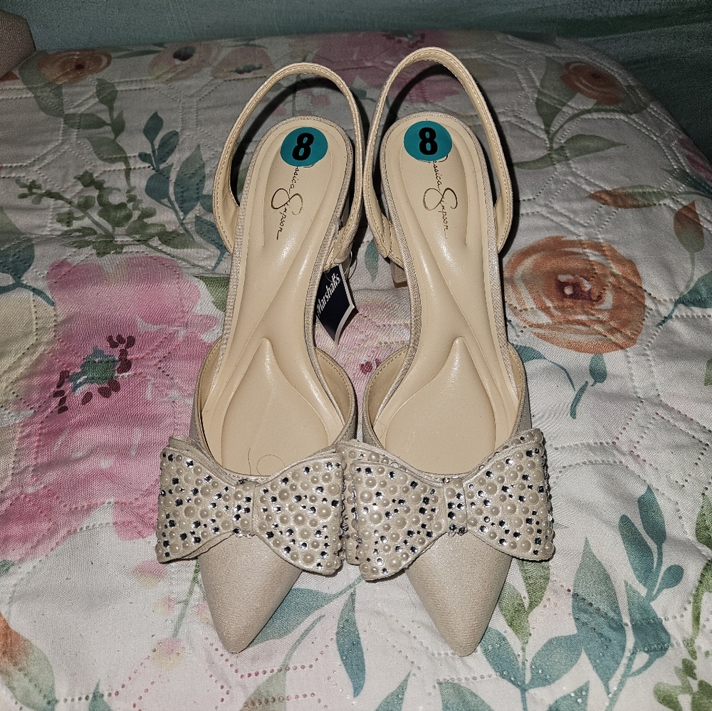 JESSICA SIMPSON 8 NAOMIA RHINESTONE BOW POINTY TOE SLINGBACK HEELS SHOES